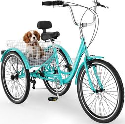 Adult Tricycle, 7 Speed Adult Trike, 24inch 3 Wheel Bike with Basket Low Step-Through Frame, Wide Seat with Backrest, 350 lbs Capacity, Tr