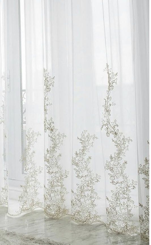 Sheer Tulle Curtain Golden Thread Embroidered Floral Panel 