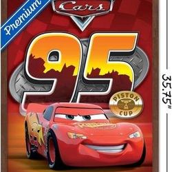 NEW LARGE Disney Pixar Cars Lightning Wall Poster 22.375" x 34" Mahogany Wood Framed Version