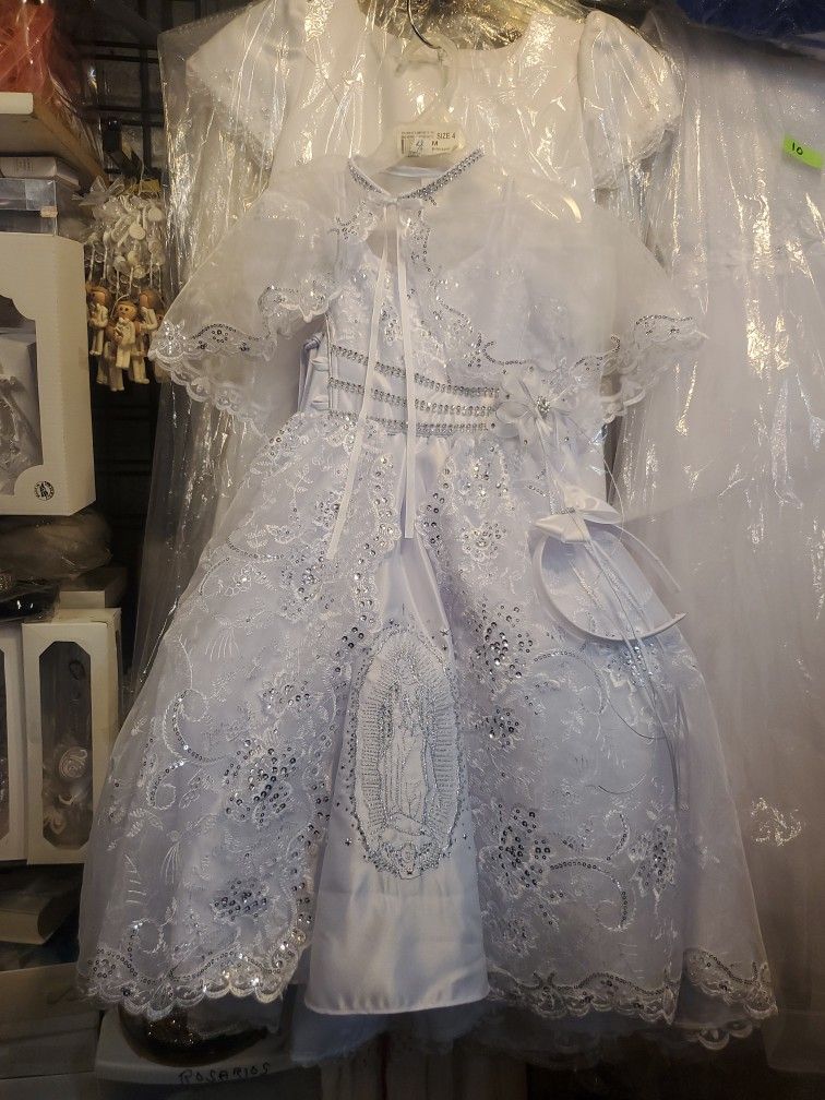 NEW Baptism Dress w Virgin Mary Image Size 4 w. Headband & Bolero