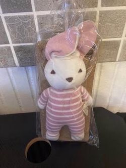 New Bunnies By DorDor & GorGor Stripe Plush Doll Organic Cotton White Cream & PINK 8”