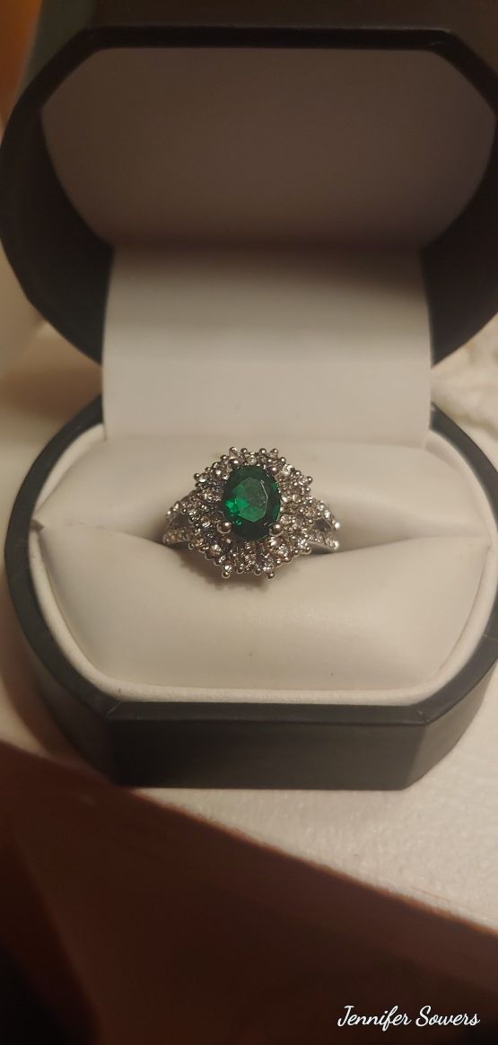 .925 Emerald And CZ Diamond Ring