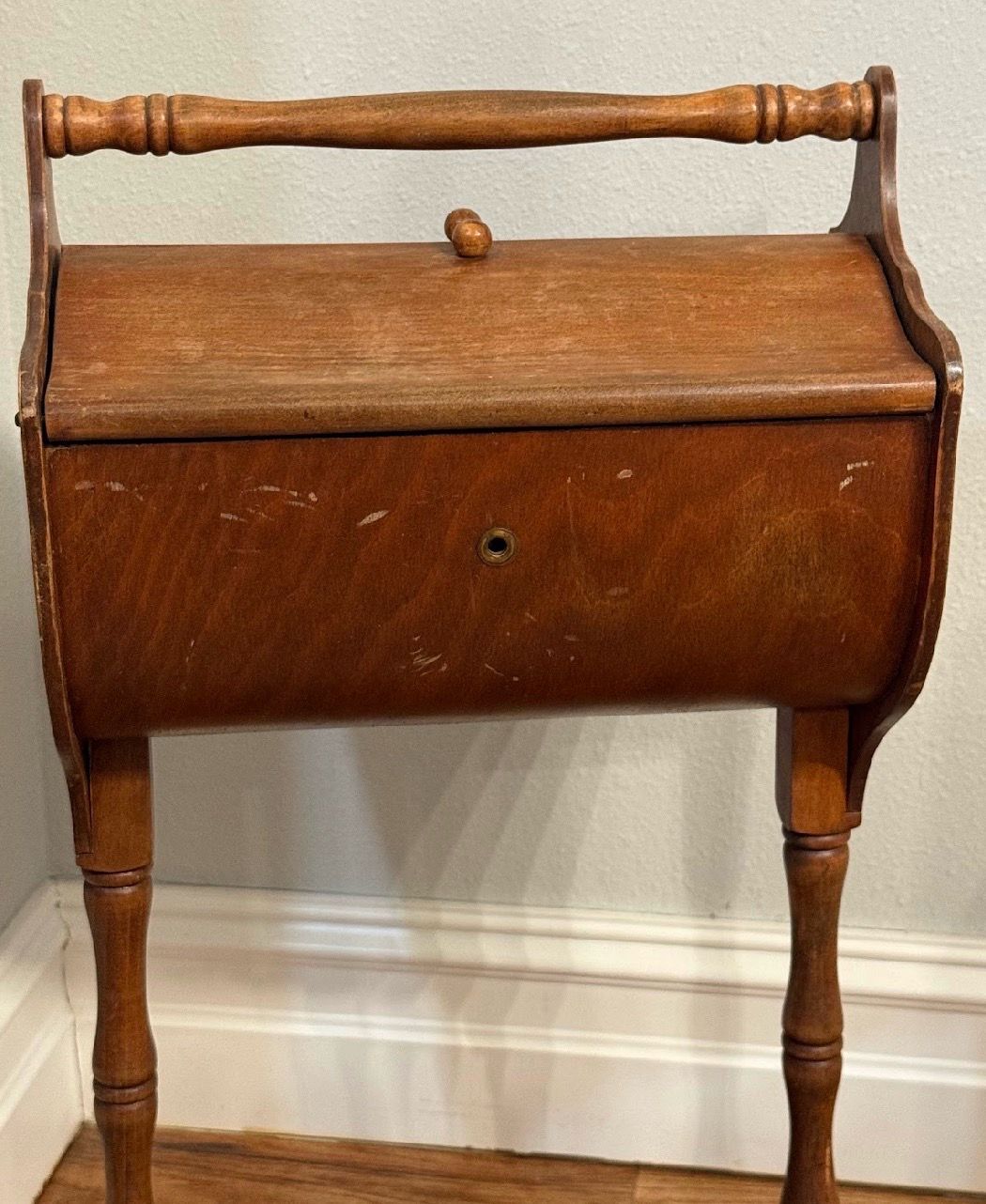Antique Wooden Sewing Box on Stand with Turned Legs, No Key