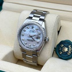 1980s Rolex Datejust 36mm 36 MOP 14k white gold diamond dial diamond bezel stainless steel oyster bracelet watch box & appraisal papers