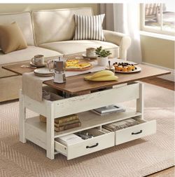 Lift Top Coffee Table, 3 in 1 Center Table with Storage, 2 Drawers Gas Spring, 3 Hidden Compartments, Open Shelf, for Living Room, Honey Brown and Rus
