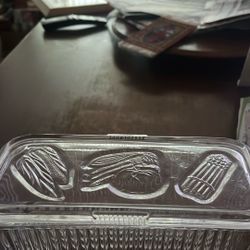 Clear glass vintage Federal glass fluted refrigerator dish with vegetables on the lid