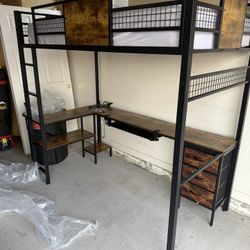 Twin Loft Bed with L-Shaped Desk, Metal Twin Size Bed Frame