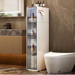 5-Tiers Bathroom Standing Storage Cabinet,Narrow Towel Side Corner Unit with Clear Drawers & Wheels,Bathroom Storage Floor Cabinet for Small Spaces Ba