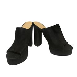 Wild Diva Lounge Black Suede Peep Toe High Chunky Block Heel Slip On Mule
