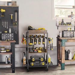Metal Power Tool Drill Organizer Storage Shelves Cart Holder Rack with Lockable Wheels Size Length 17", Width 12", Height 34" New Condition Assembl