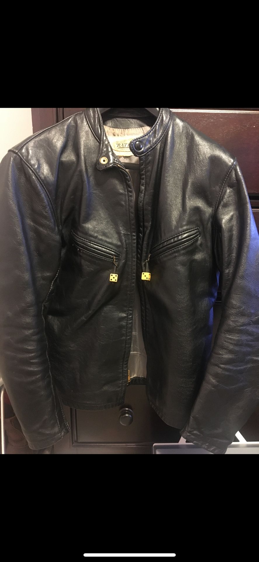 1960’s rare Black, Competition, leather racing jacket, made by Bates, California, mandarin button collar, zippered sleeves, size 32 $395