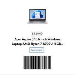 Acer Aspire 3 15.6 inch Windows Laptop AMD Ryzen 7-5700U 16GB