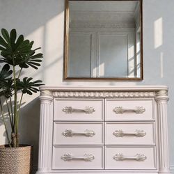 Newly refinished neutral pink and gold solid wood dresser sideboard 