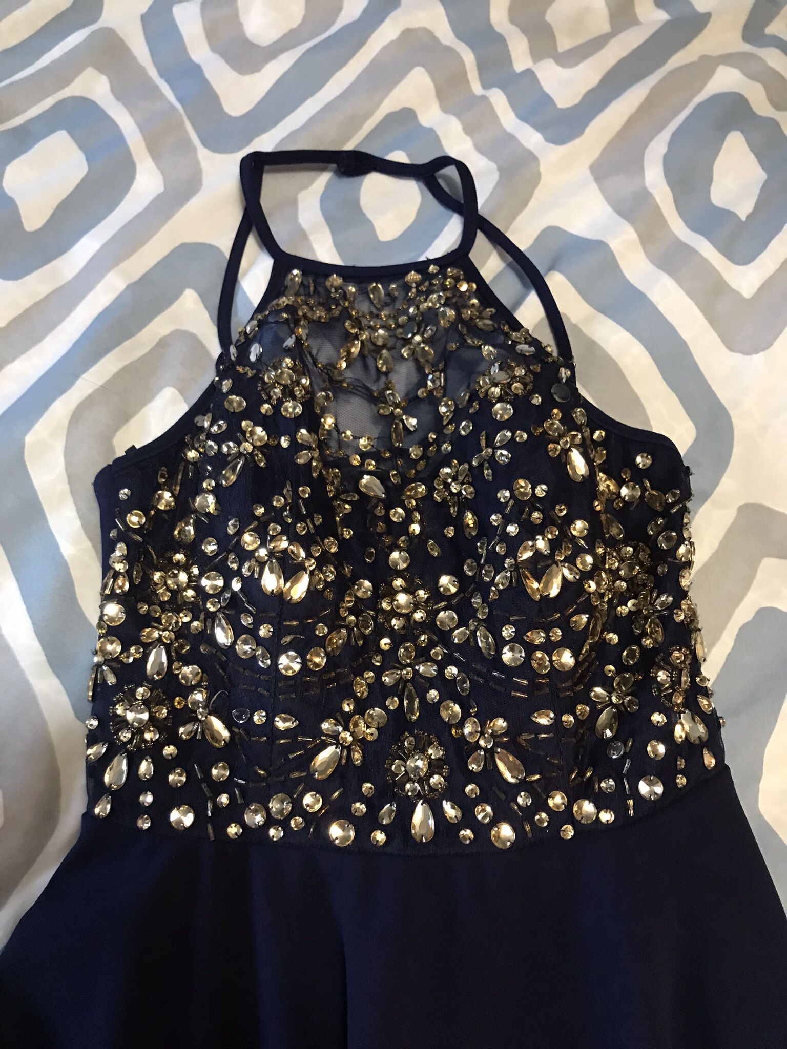Navy Blue Short Dress with Gold Bling Embellishments