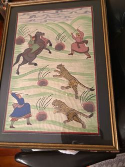 Vintage Indian Tiger Hunt Painting | Hand-Painted Manuscript Page with Figures & Tigers in Framed Display