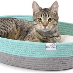 Kitty City Cat Bed, Cotton, 14"W x 19"L x 5"H Rope Bed - Mint Green & Gray