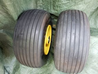 Pair of 13x6.50-6 JD / Reliance Ribbed tire and rim assembly, Flat Free for zero turn mowers.