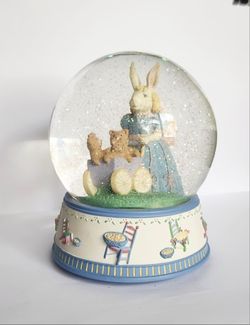 Easter Musical Globe Vintage Wind Up Rabbit Bunny Mother Mommy Babies Carraige Pastel Glitter EUC