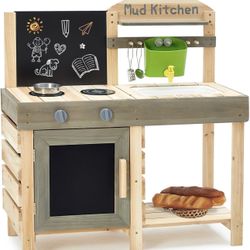 Mud Kitchen for Kids, Outdoor Play Pretend Kitchen with Faucet Chalkboard Stoves Removable Sink Cooking Accessories