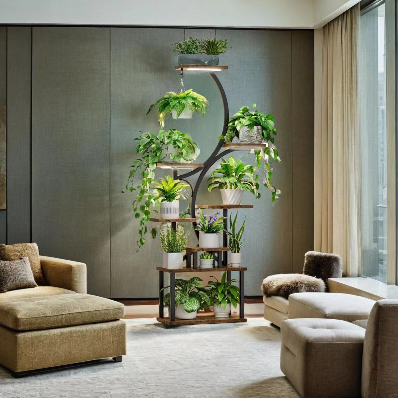 Plant Stand with Grow Lights, 8 Tiered Indoor Plant Shelf, 61 Tall Plant Stand for Indoor Plants Multiple, Metal Plant Flower Holder Stand, S-Shaped P
