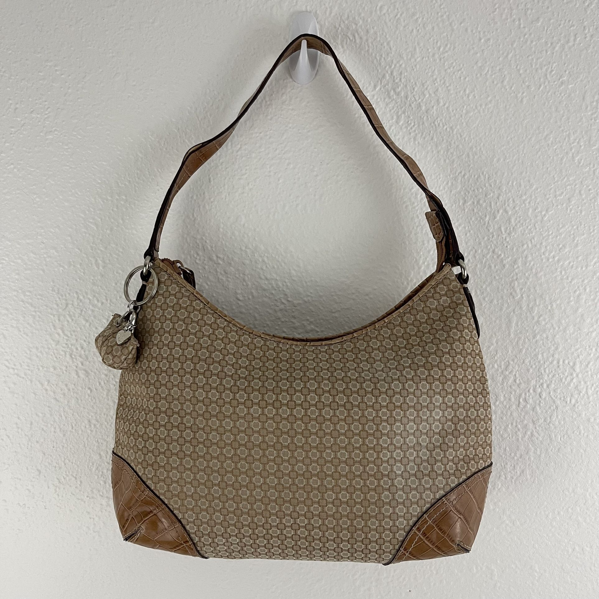 NINE WEST Vintage Y2K Tan Brown Faux Leather Canvas Lattice Shoulder Bag Purse