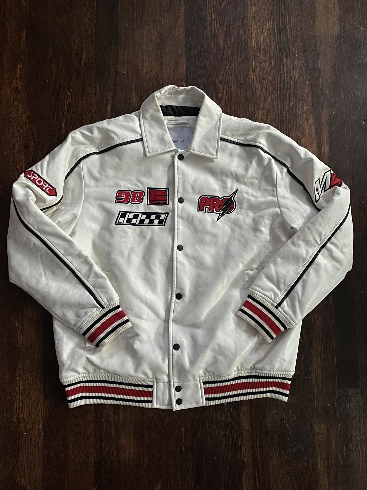 Vintage Bershka Faux Leather Oversized White Racing Jacket