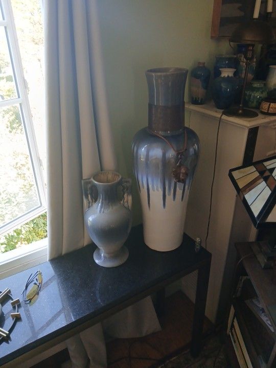 Pair Of Extra Large Drip Glaze Vases Craftsman Antique Styling 16 Inch And  30 Inch Tall Copper