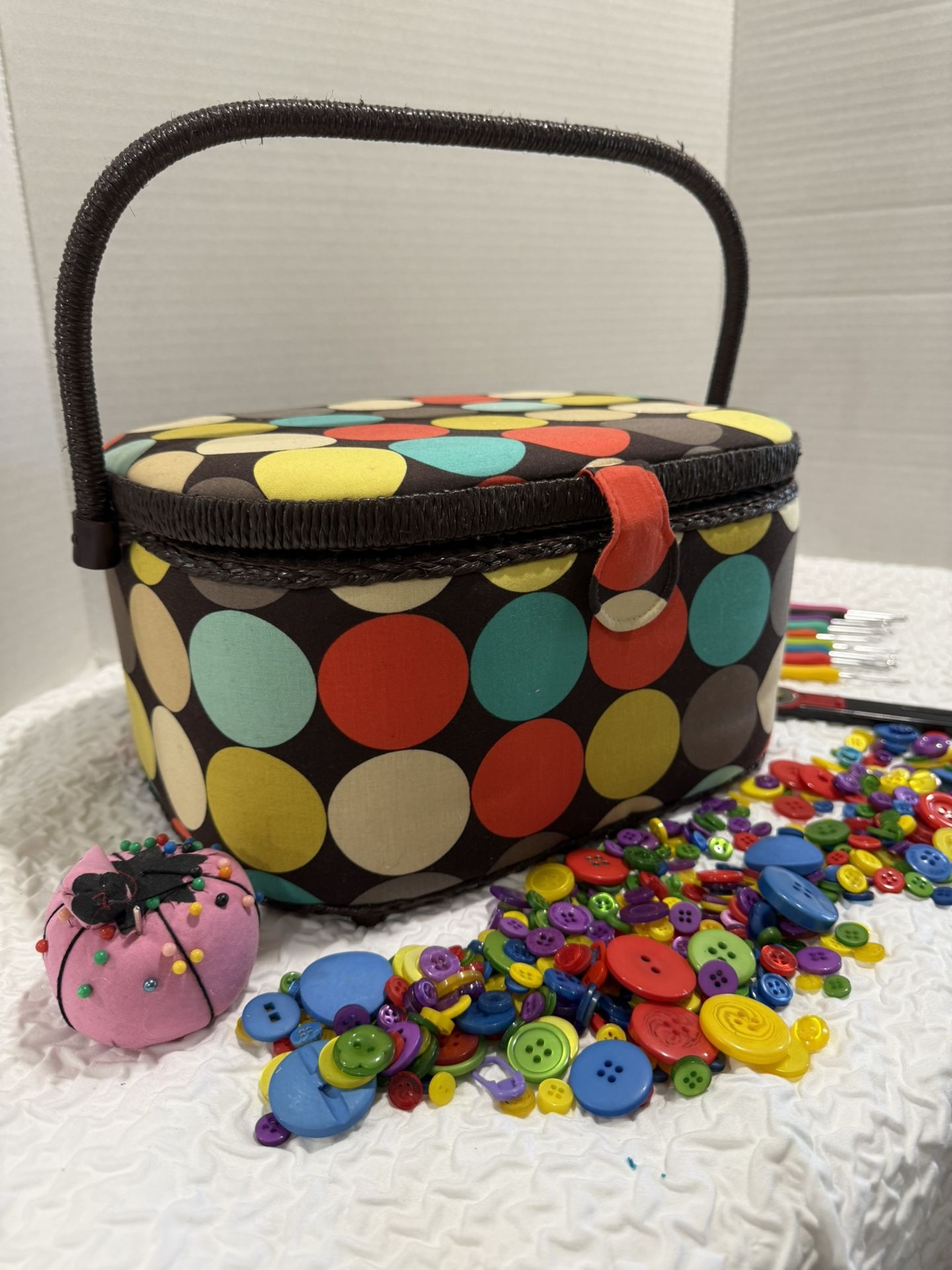Polka Dot Sewing Basket with Sewing Kit Accessories size 6.5” tall 5”Deep 12” wide 