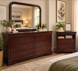 Cherry Wood Dresser with Mirror and Nightstand Set