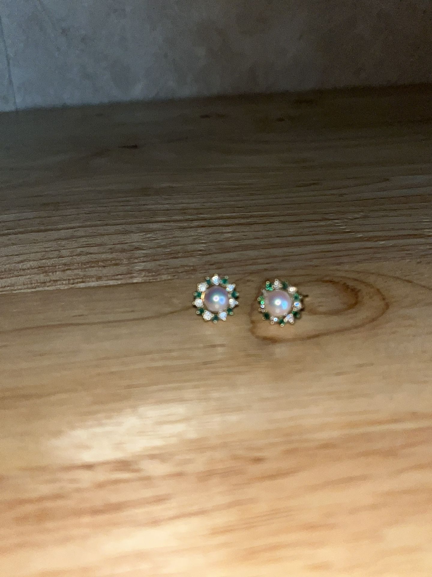 Pearl, Diamond, Emerald, 14k Gold Earrings