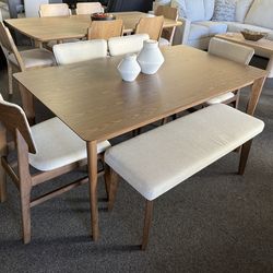 Mid century modern dining set with 4 chairs and a bench
