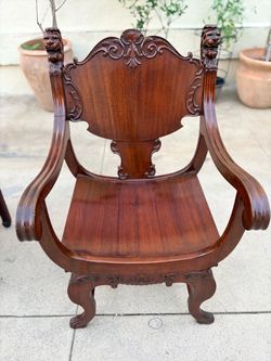 Antique Style Carved Mahogany Armchair with Lion Head Finials