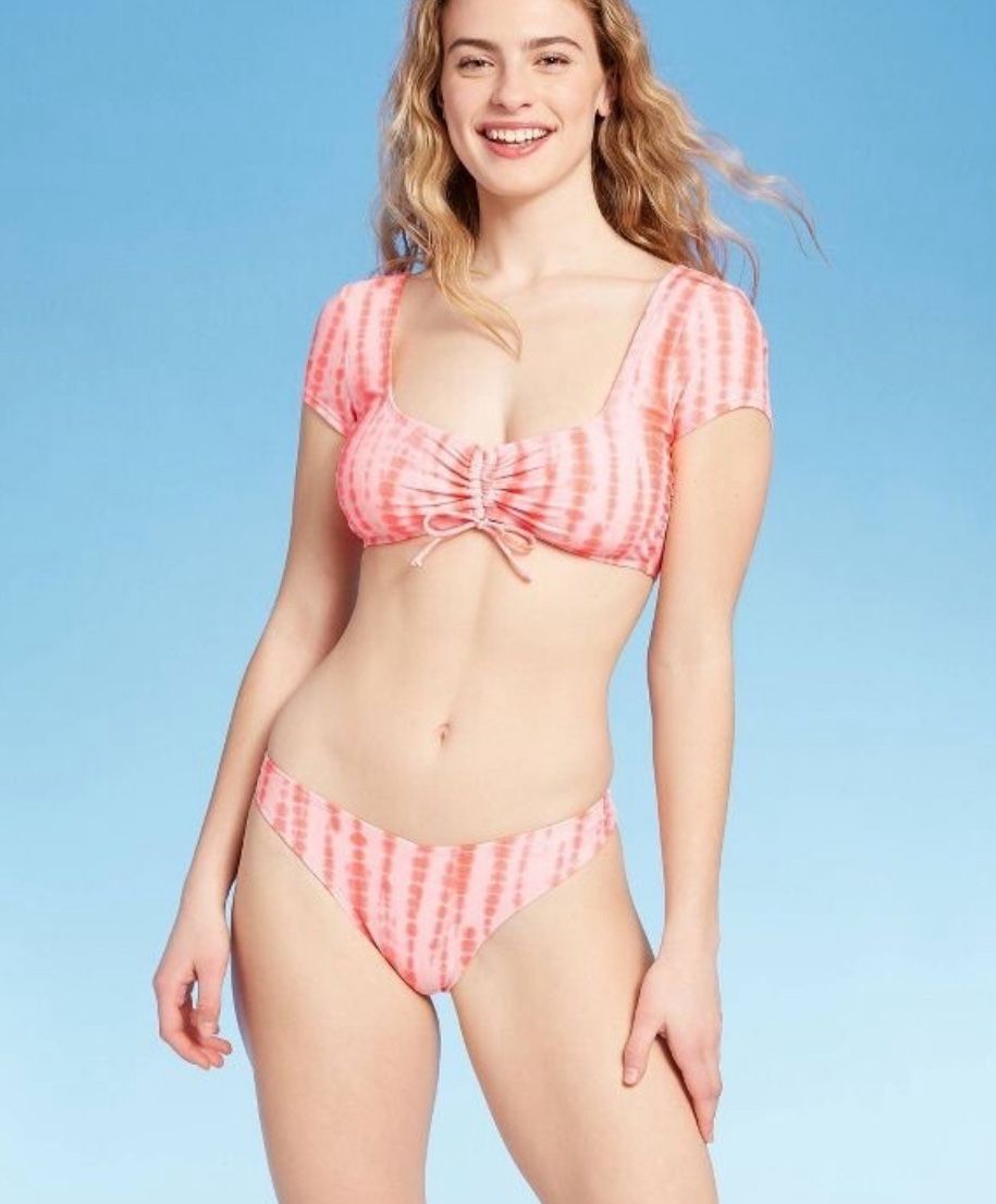 Xhilaration Jrs Cinched Cap Sleeve Crop 2pc Bikini Swimsuit Coral Tie Dye Sz L