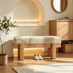Wooden Upholstered Bench, Low Profile Entryway Bench with Thick Beige Linen Cushion, Solid Wood Legs, Multi-use Shoe Bench for Hallway, Bedroom End of