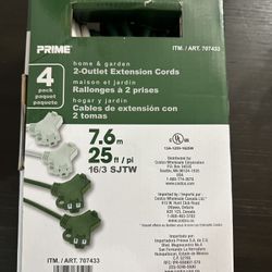 Unused PRIME 4-Pack 25 ft 2-Outlet Extension Cords (16/3 SJTW, Green, Indoor/Outdoor Use)