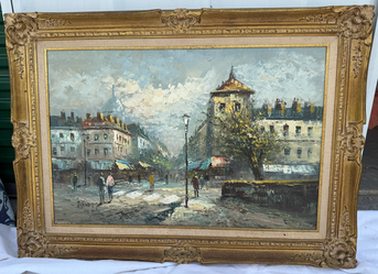 Vintage Signed Paris Street Scene Oil Painting – 24x36 – Ornate Gold F - $125
