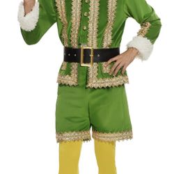 Deluxe 6 Pcs Christmas Green Elf Velvet Suit Adult Outfit, Xmas Fancy Holiday Party Cosplay Suit