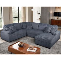Fabric U-Shaped Pull Out Sectional Sofa w/ Storage Chaise + Pillows