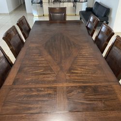 8FT Solid Wood Dining Table Set – 8 Chairs – Leather Back – Great Condition