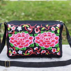 Disney Pink Flower -Embroidered Crossbody Bag, Women's Canvas Shoulder Bag,