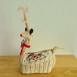 Basket Reindeer with Red  Bow and Bell - 100% Cotton Santa Towel