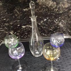 Glass Wine Decanter Set Multi Colored Glasses Antique New 