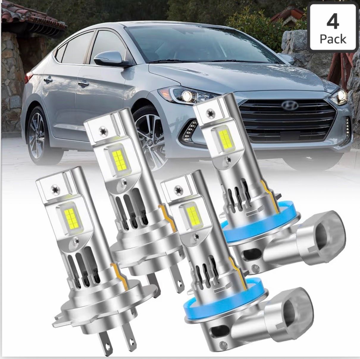 Automotive Front Light Bulbs, H7 and H11 Front Light Combo, 6000K with Built-in Fan for Elantra 2014 2015 2016 (with Projector) 2017 2018, High and Lo