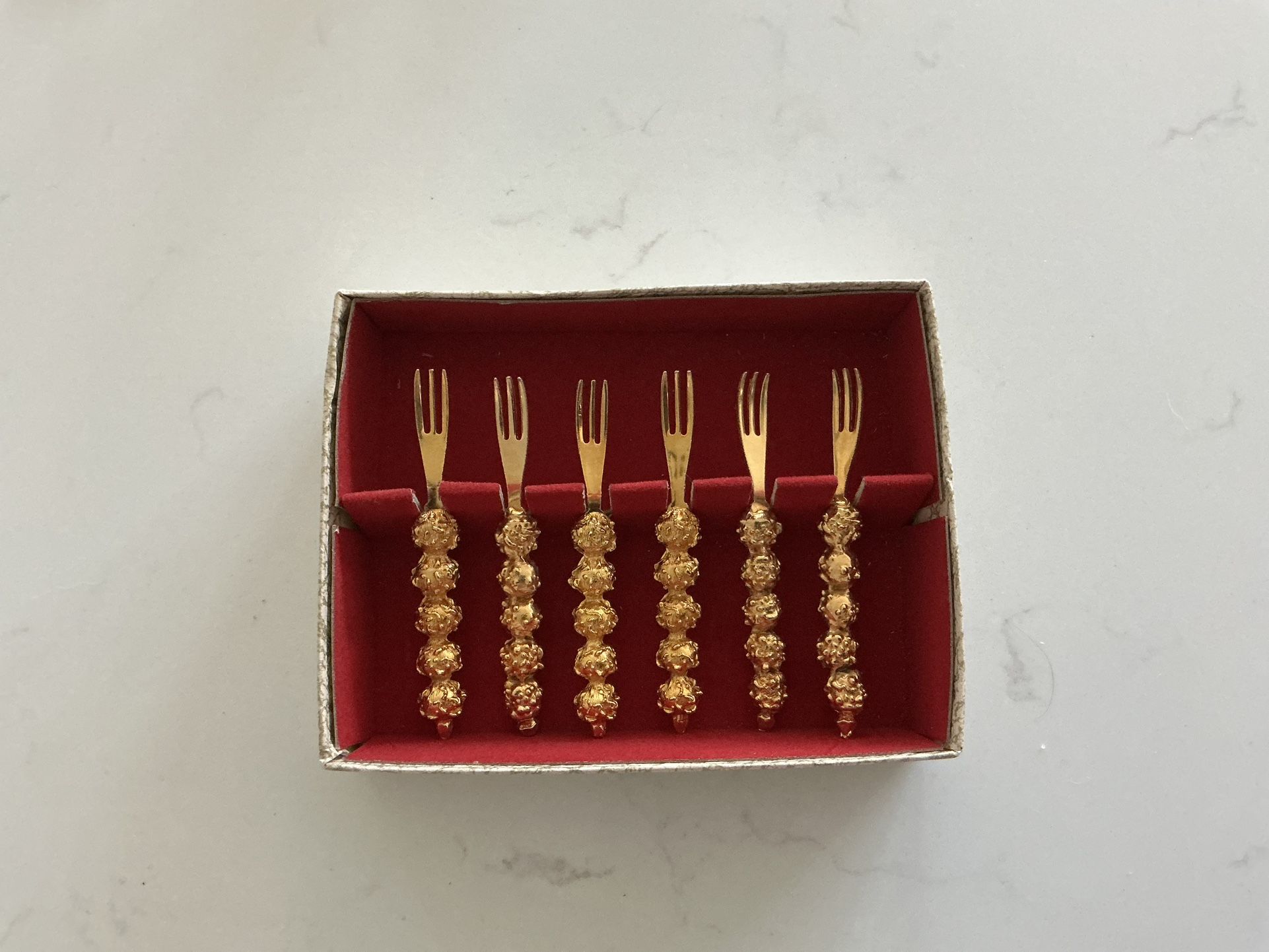 Collectible 6 Miniature Gold Tone Appetizer/cocktail Forks