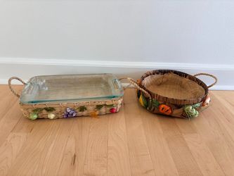 Vintage Woven Wicker Pyrex Baskets with 3D Fruit and Vegetable Details and Pyrex Dish