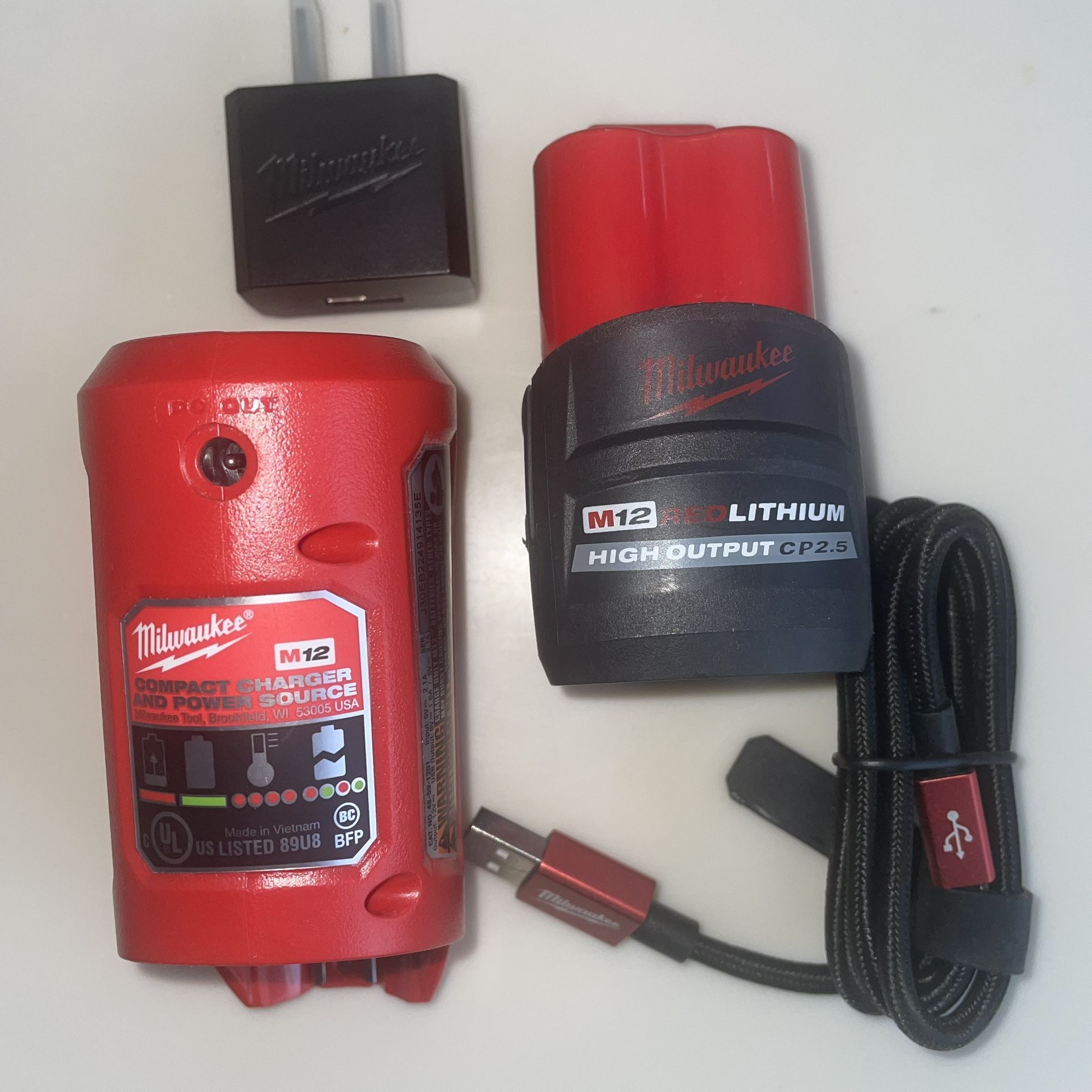 Milwaukee M12 High Output CP 2.5 Battery With Compact Charger / Portable Power Source 48-59-1201 With Cable And Wall Adapter
