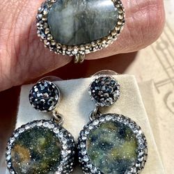 Sterling Silver Earrings And Ring Set With labradorite And Marcasite Crystals, Adjustable Size Ring, Size 7-8