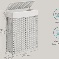 SONGMICS 14.5 Gallon (55L) Rattan Clothes Laundry Basket w/ Lid and Handles - White