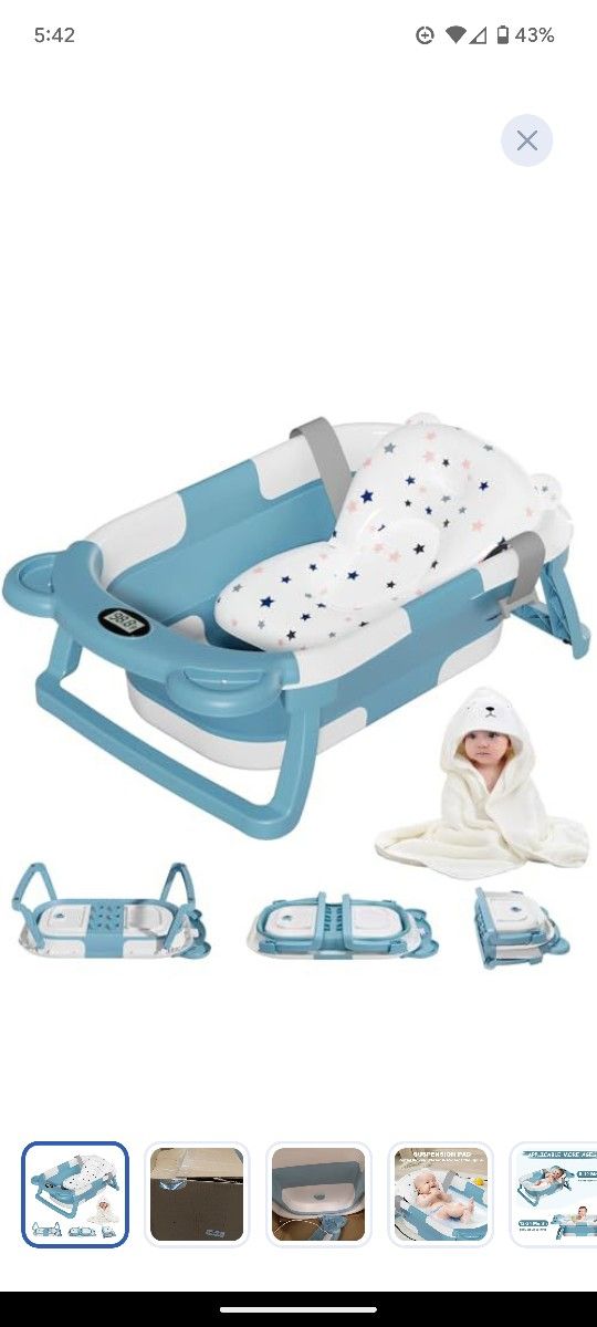 MoreFeel Collapsible Baby Bathtub for Newborn with Thermometer & 1 Hooded Towel & 1 Soft Floating Cushion,Portable Travel Bathtub with Drain Hole, Dur