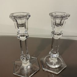 Antique/Vintage Pair Of Heavy Thick Crystal Glass Candle Holders 